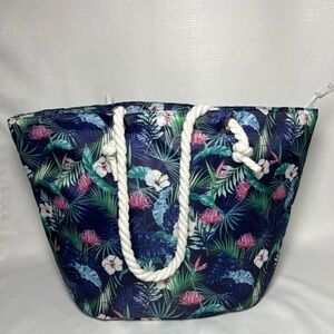 Insulated Tote Blue Green Pink Floral Rope Handle Zipper Top